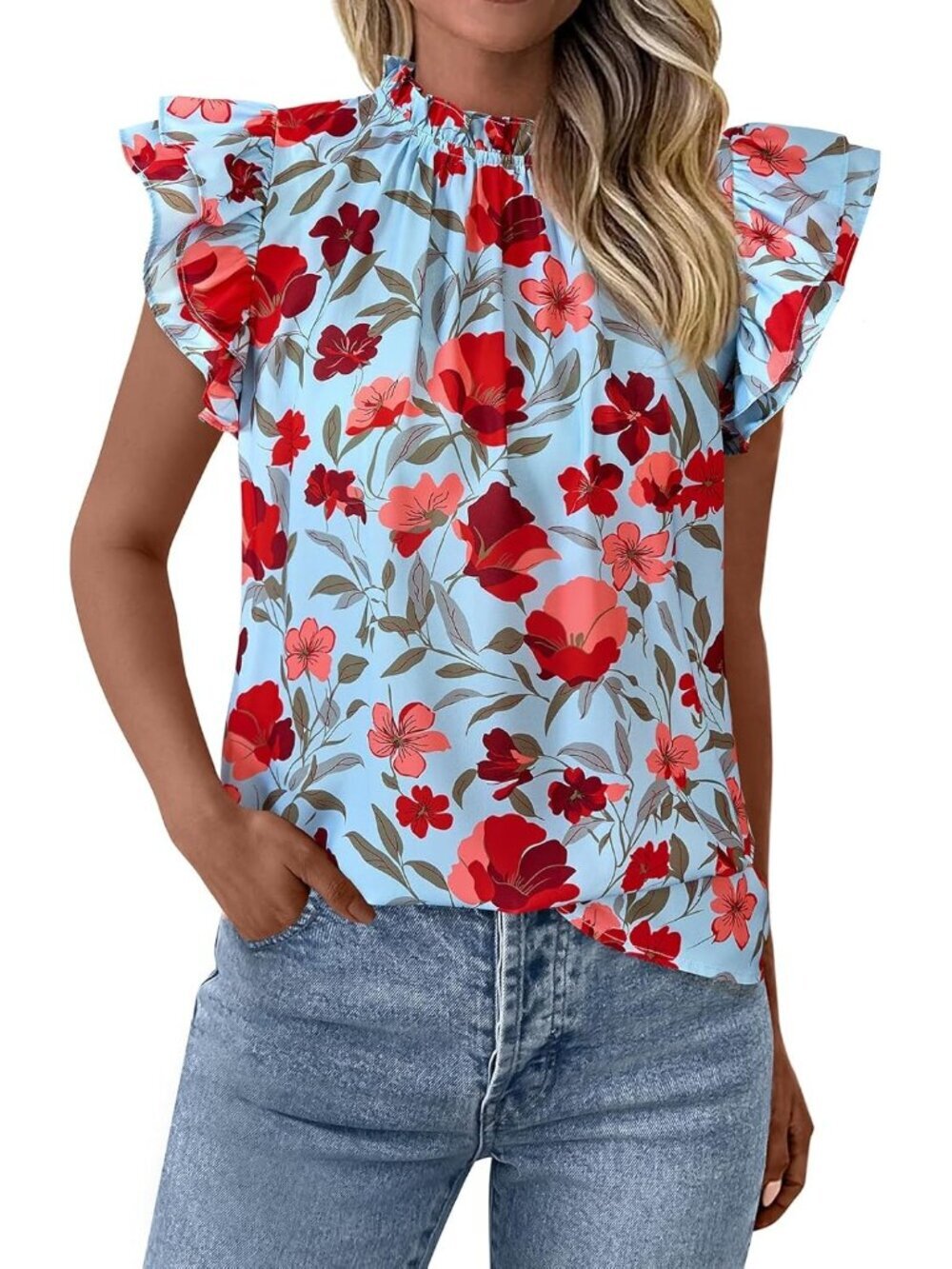 Women's Light Blue Flower Floral Trim Neck Casual Short Sleeve Summer Tops - Picture 1 of 6
